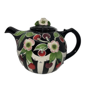 J. McCall Teapot Handpainted Floral Clayworks Cherries Black Red White Floral